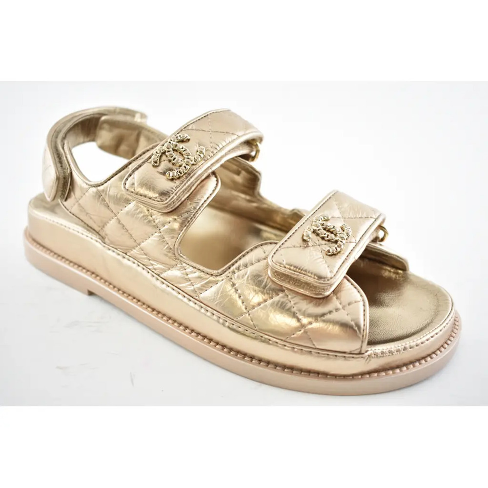 Chanel 21C Bronze Quilted Chain CC Logo Mule Slide Strap Flat Teva Dad Sandal 37 - Picture 4 of 12